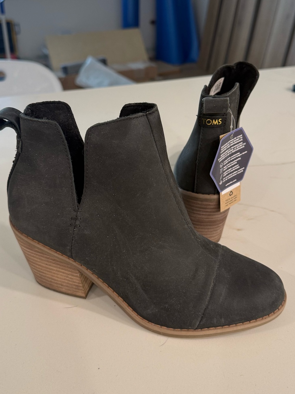 TOMS Black Suede Cutout Ankle Booties with Stacked Heel